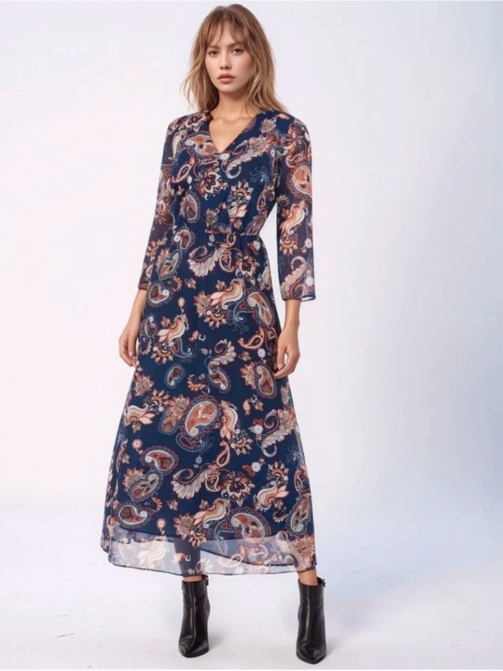 Haider Ackermann Navy Paisley Maxi Dress with Coral Accents